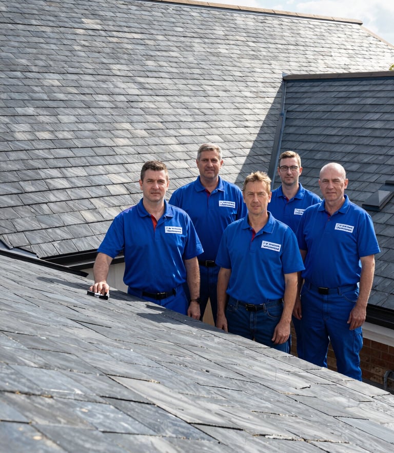 A clean team of professional British roofers in matching branded blue uniforms standing in front of a newly completed slate roof, bright natural daylight, sharp architectural photography, wide-angle lens, high-contrast slate and blue tones.