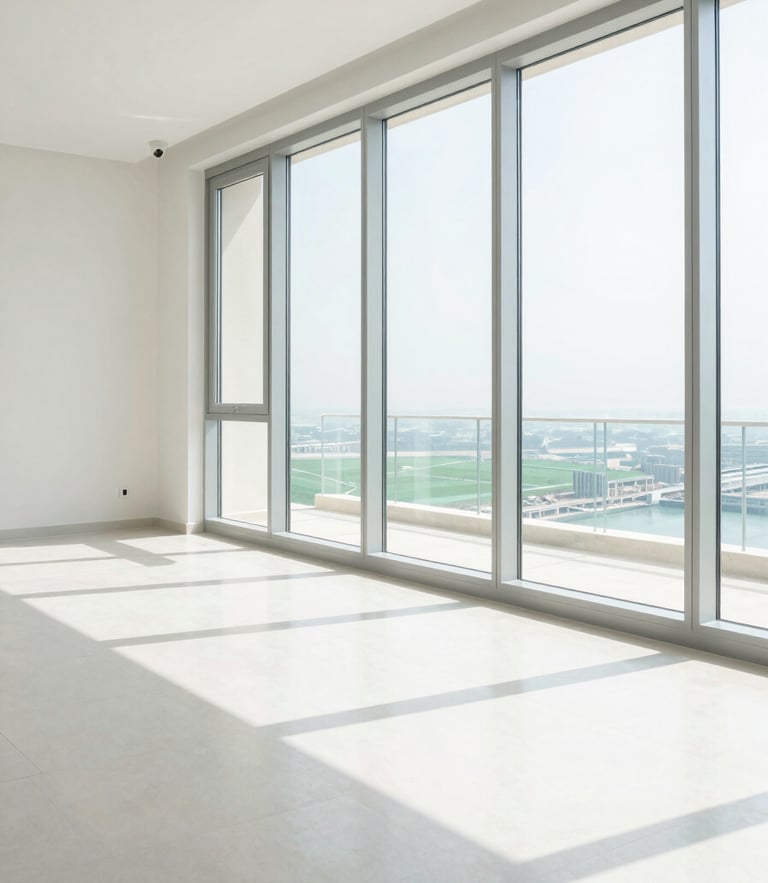 Bright high-key architectural photography of a pristine Dubai residential living room with sunlight streaming through floor-to-ceiling windows, dust-free surfaces reflecting light