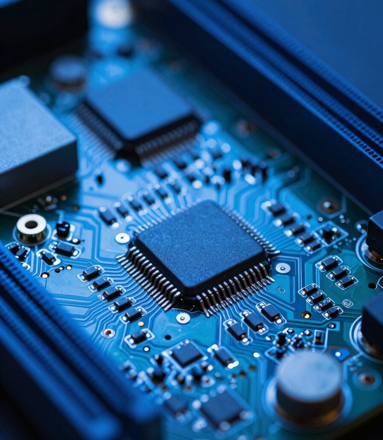 Macro photography of a clean computer motherboard under cool blue studio lighting, sharp focus on microscopic electronic components, technical workshop aesthetic.