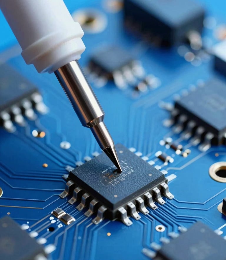 Macro photography of a soldering iron tip touching a microchip on a blue circuit board, cool blue studio lighting, sharp focus, technical workshop aesthetic