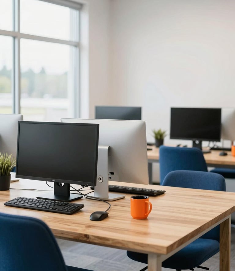 Bright collaborative workspace in the Pacific Northwest, clean tech setups on wooden tables, natural window light, shallow depth of field, 35mm