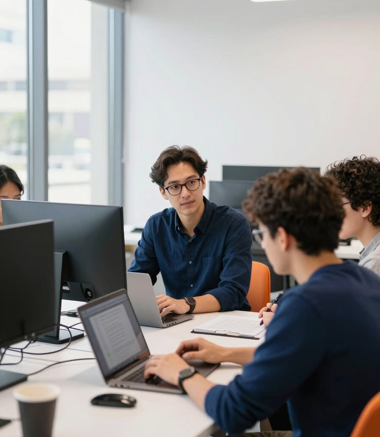 Bright editorial photography, natural window light, clean tech setup with collaborative team members analyzing workflows in a Fruitland office, 35mm