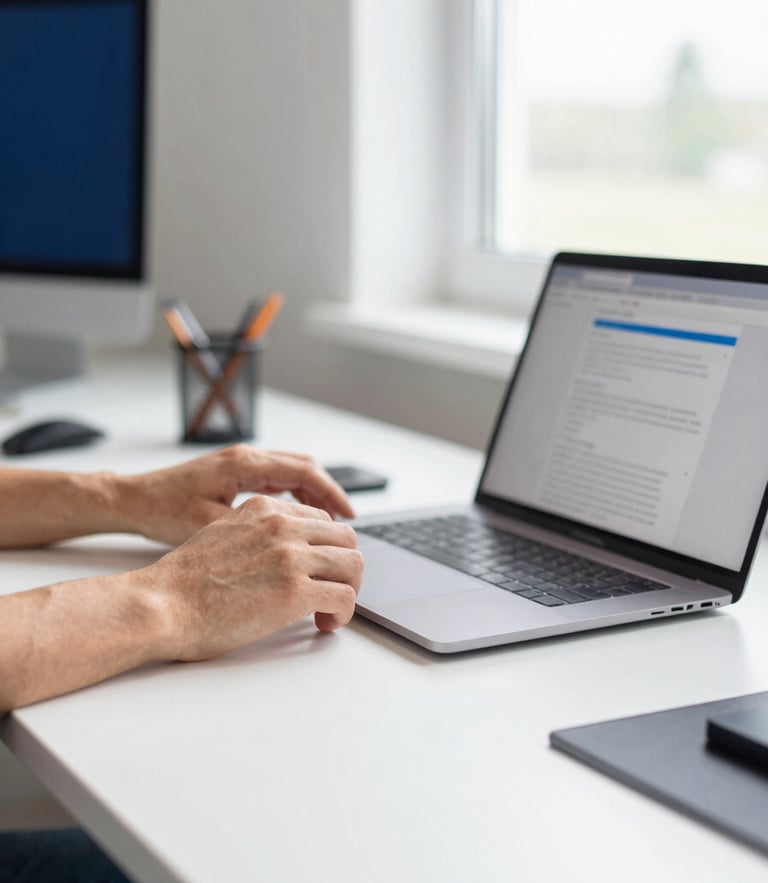 Bright editorial photography, natural window light, close-up of hands-on-tech configuration, professional workspace in Idaho, shallow depth of field, 35mm