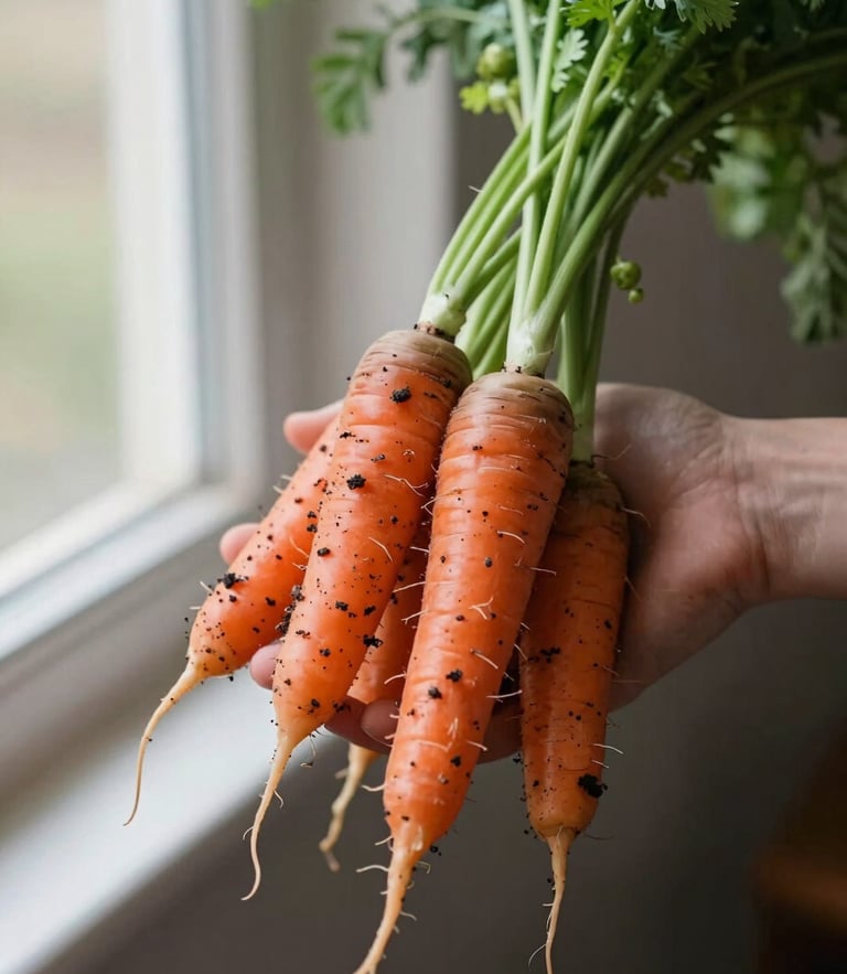 A close-up of hands holding freshly harvested heritage carrots with soil still clinging to them, soft natural window light, shallow depth of field, 35mm photography