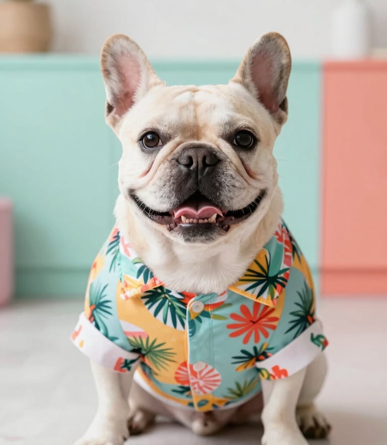 A happy French Bulldog wearing a colorful handmade tropical shirt, sitting in a bright sunlit room with pastel mint and coral color blocks, eye-level portrait, shallow depth of field, 35mm.