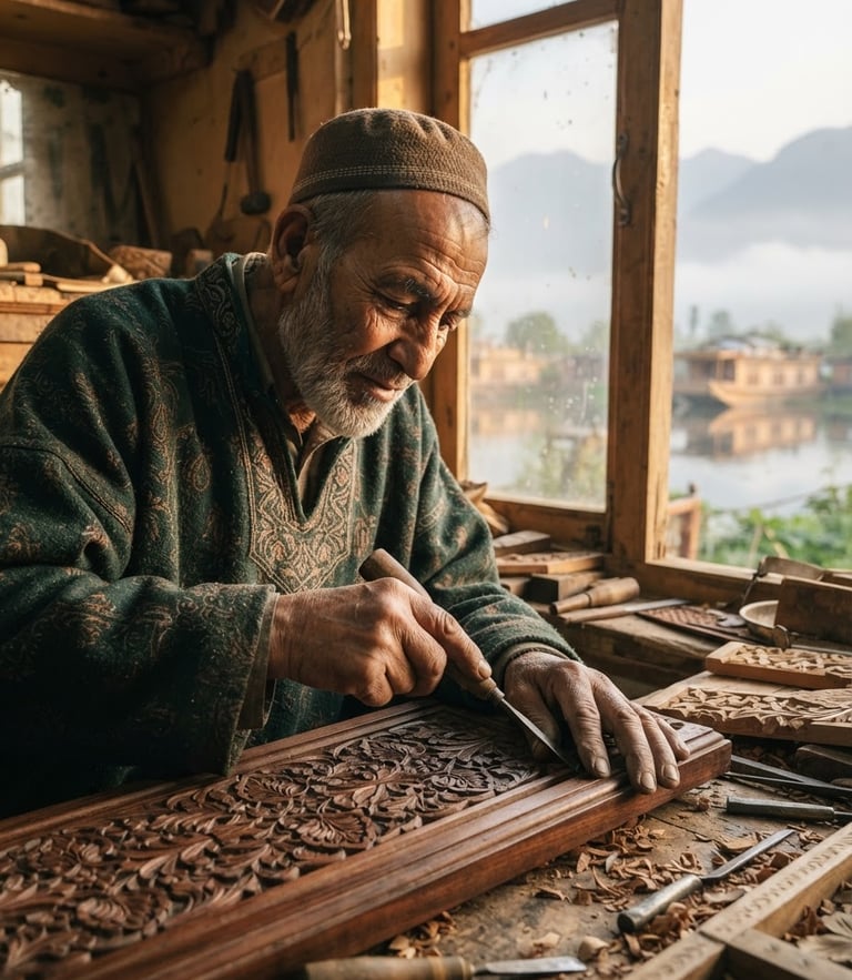 A close-up portrait of an elderly Kashmiri craftsman carving intricate cedar wood patterns in a sunlit workshop, soft morning mist visible through the window, 35mm lens, golden hour.