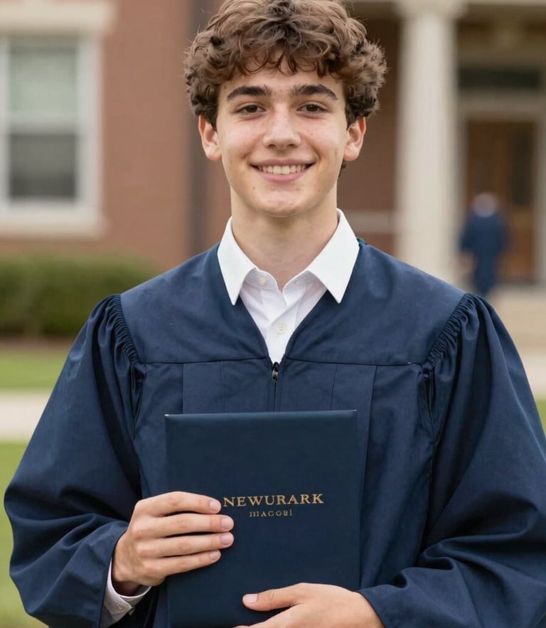 A local Newark high school student holding a diploma, smiling warmly in natural daylight, with soft gold and navy tones, warm editorial photography, shallow depth of field.