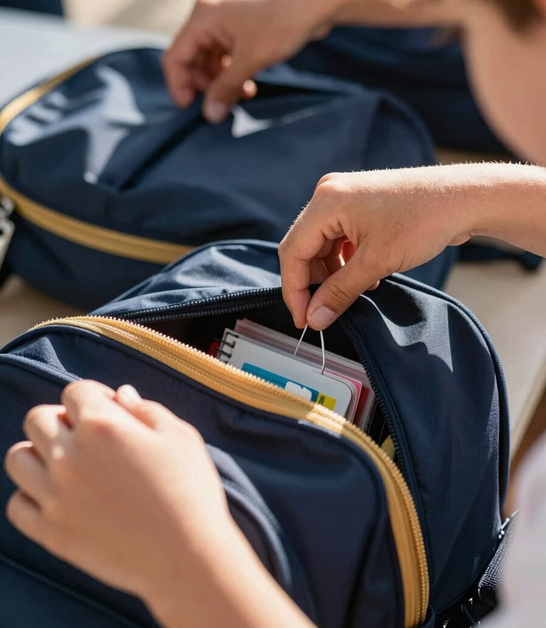 Close-up of hands arranging school supplies into backpacks for a local youth outreach program, warm morning daylight, soft focus.