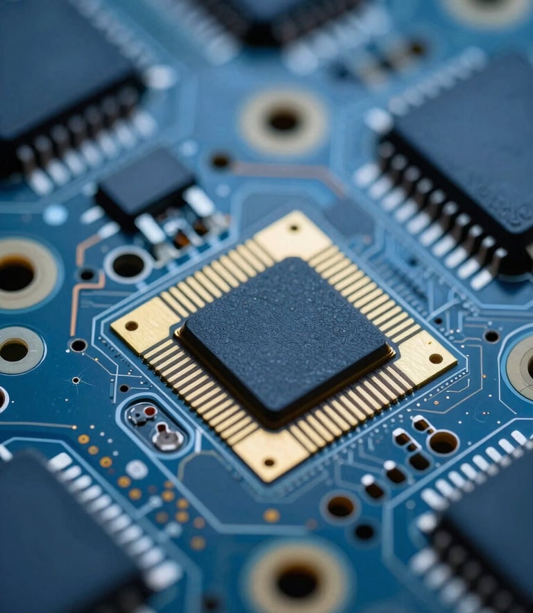 Macro shot of a ruggedized PCB assembly with gold-plated traces, high-contrast technical lighting, metallic and deep blue tones, macro depth of field.