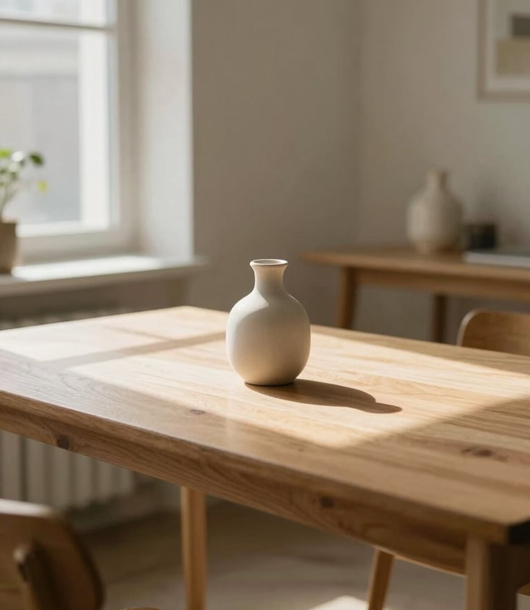 A bright, sun-drenched Scandinavian workspace with oak tables, soft daylight casting shadows, minimal ceramic vase, warm editorial photography, 35mm
