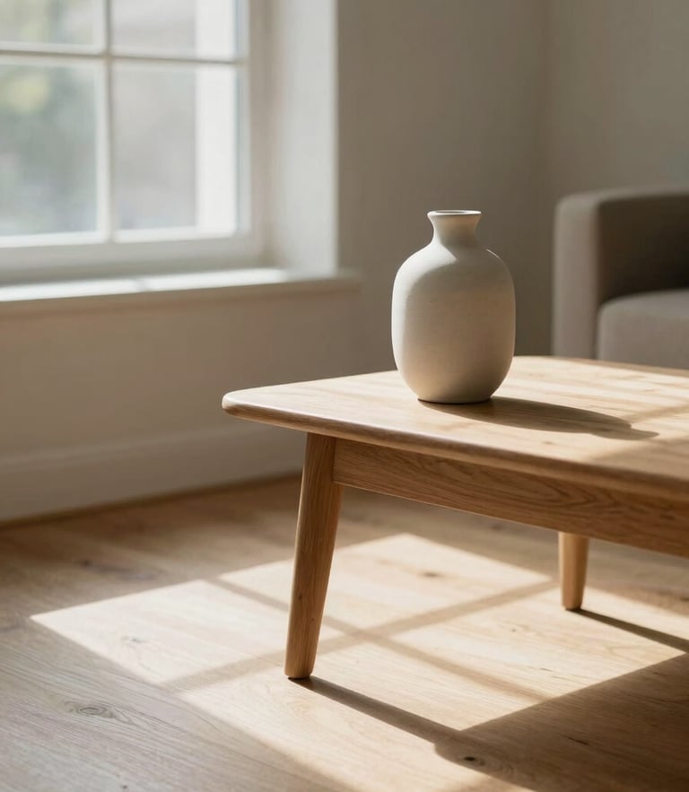 Warm editorial photograph of a sun-drenched Scandinavian living room, soft natural window light casting delicate shadows on light oak flooring, minimalist ceramic vase on a low timber table, 35mm.