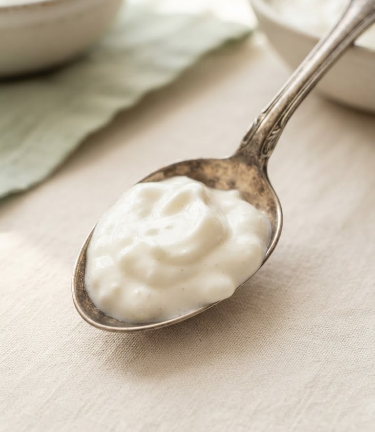 Macro shot of thick, velvety probiotic yogurt on a vintage silver spoon, soft morning light, cream background, shallow depth of field