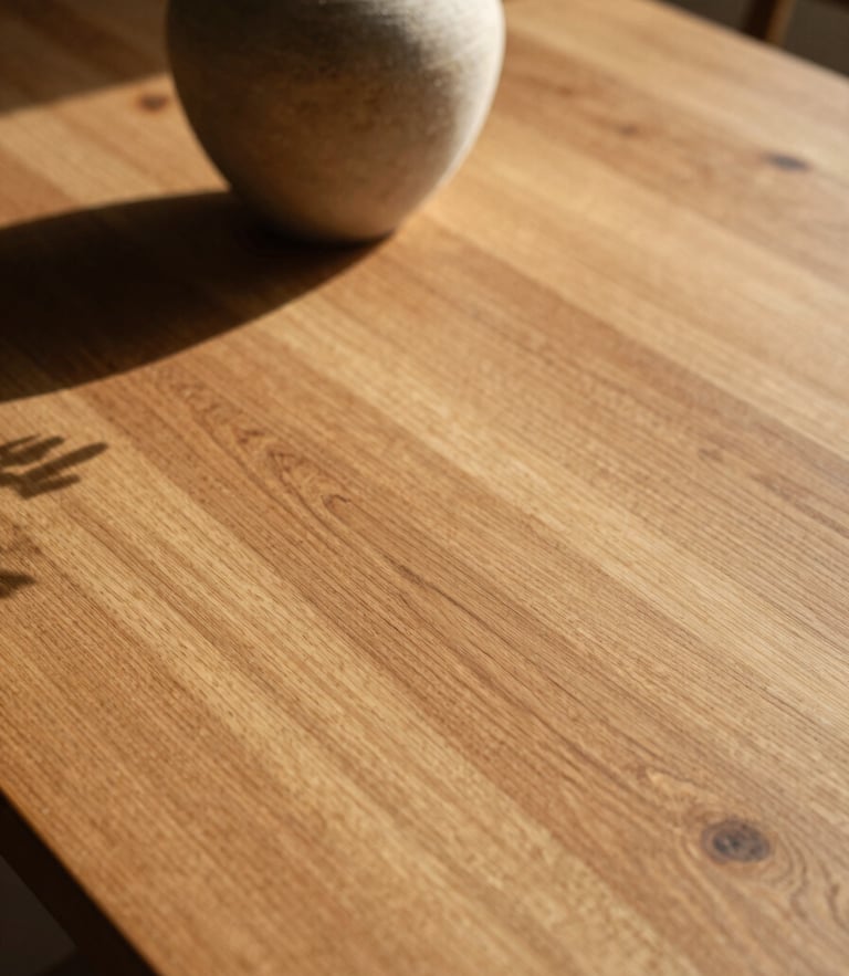 Close-up of a sun-drenched solid oak dining table, warm low-angle afternoon sunlight casting long shadows of a stoneware vase, 35mm editorial photography.