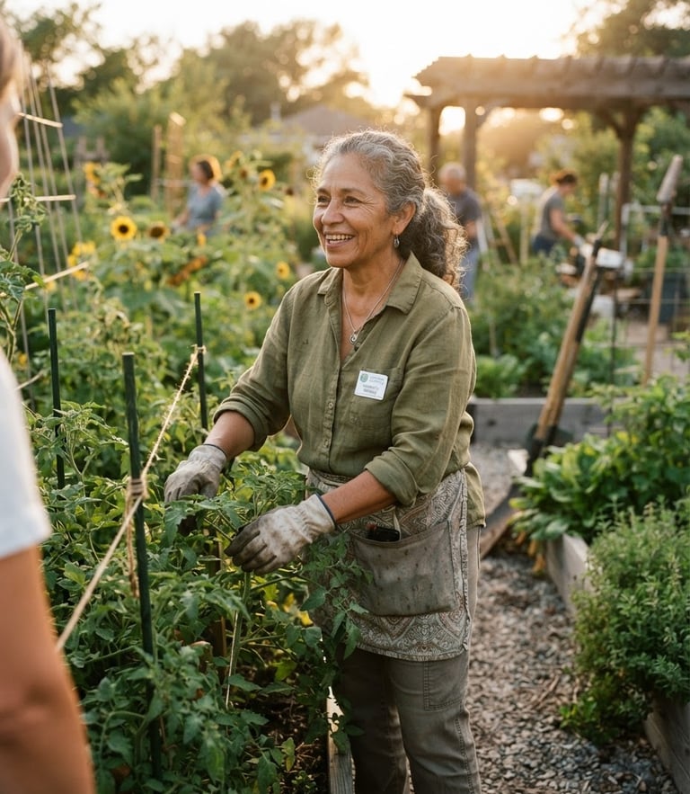 A candid environmental portrait of a local community leader standing in a sunlit community garden, warm golden-hour light, rich organic tones, shallow depth of field.