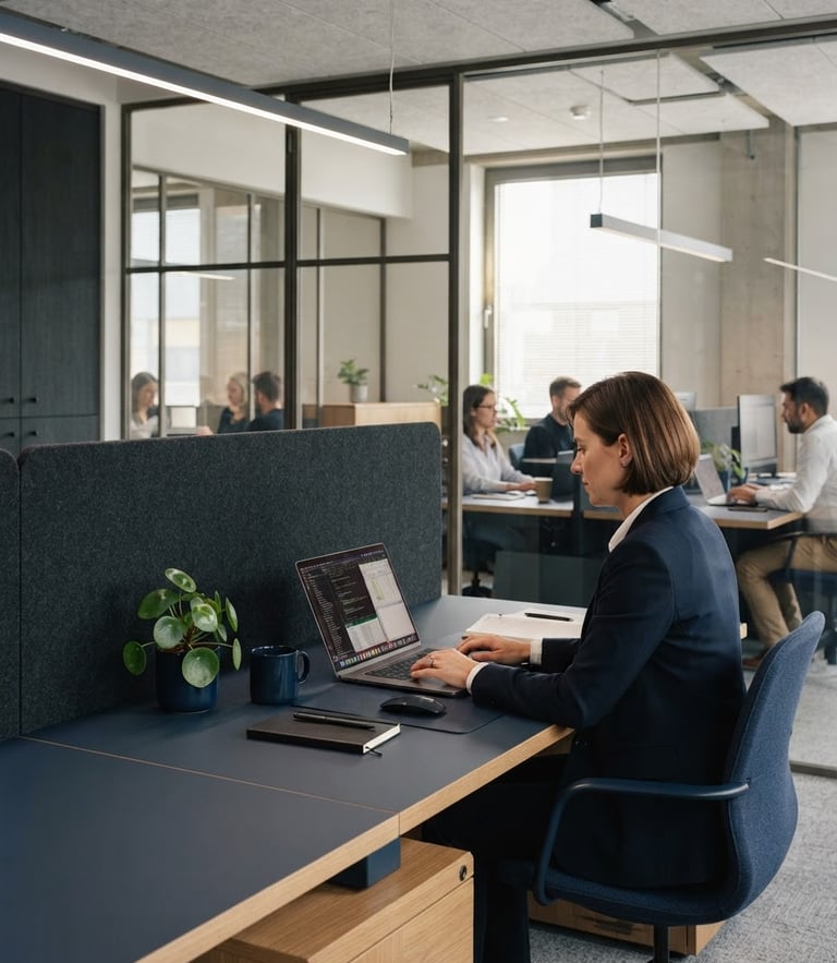 Bright neutral daylight office interior, clean architectural lines, structured slate and navy workspace, 35mm photography