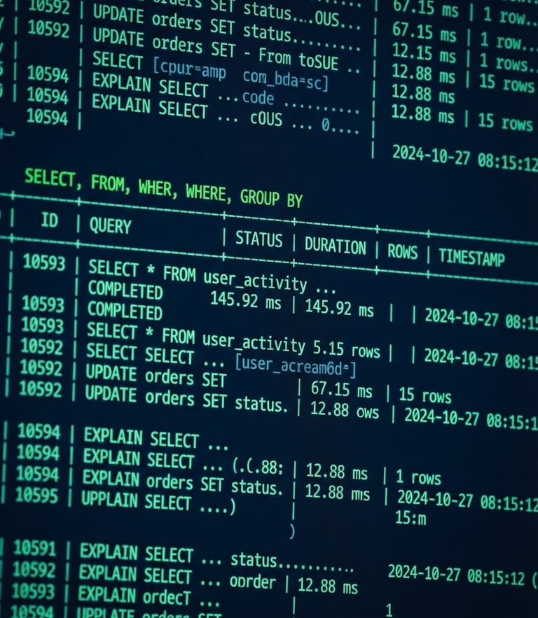 Macro close-up of a high-contrast terminal screen displaying database query execution times, neon green syntax highlighting, deep blue background, sharp focus, 35mm photography