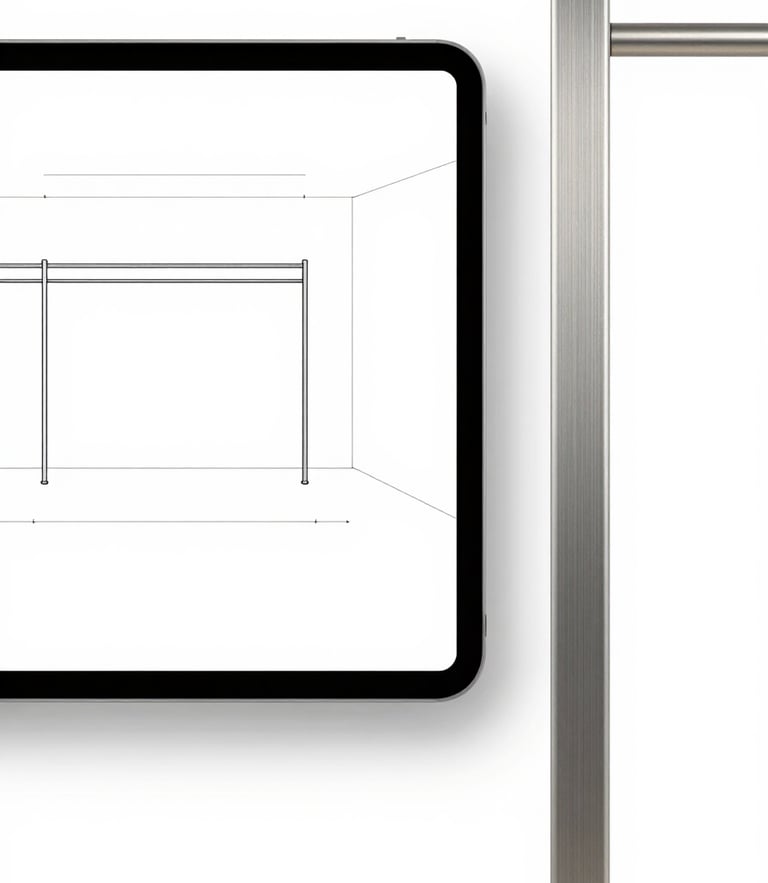 Bright minimalist retail design schematic on a screen next to a physical brushed metal joint detail, high-key studio lighting, sharp focus, 35mm