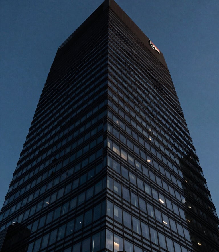 Low-angle architectural shot of a modern dark-glass skyscraper corner cutting into a deep blue dusk sky, sharp side-lighting, high contrast, 35mm lens