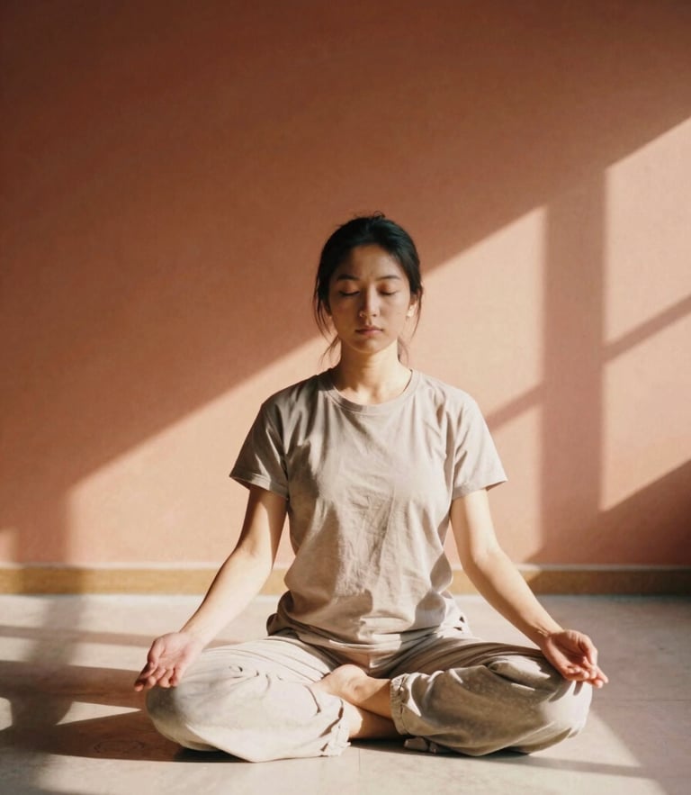 A solitary practitioner sitting in a gentle, grounded meditation pose in a warm terracotta room, soft side-lighting casting natural window shadows, 35mm film style
