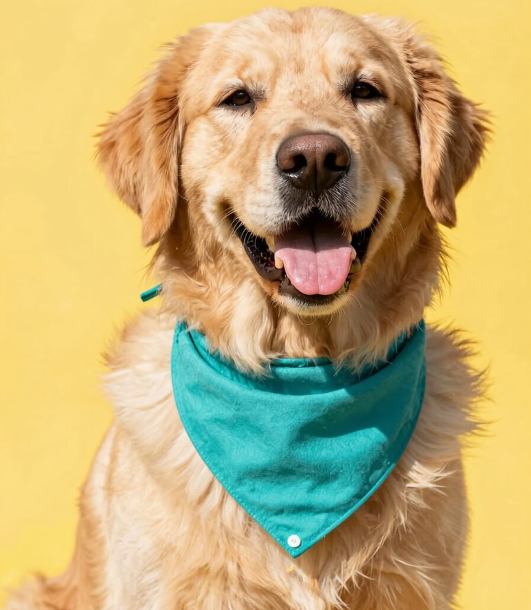 Close-up of a happy golden retriever wearing a colorful handmade teal bandana, bright natural daylight, cheerful yellow background, 35mm