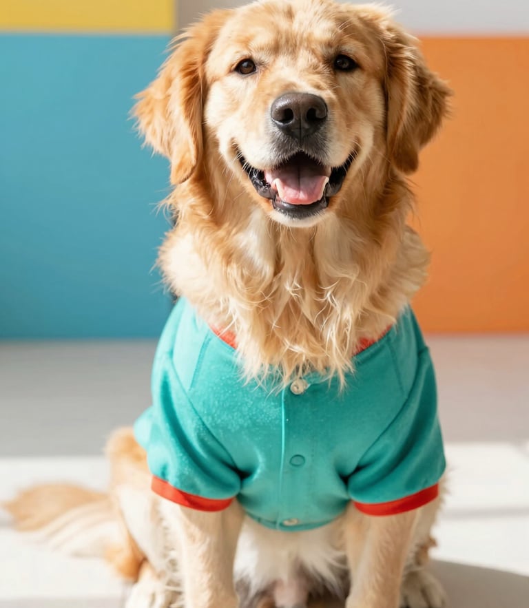 A joyful golden retriever wearing a colorful handmade teal shirt, sitting happily in a bright room, warm natural light, 35mm