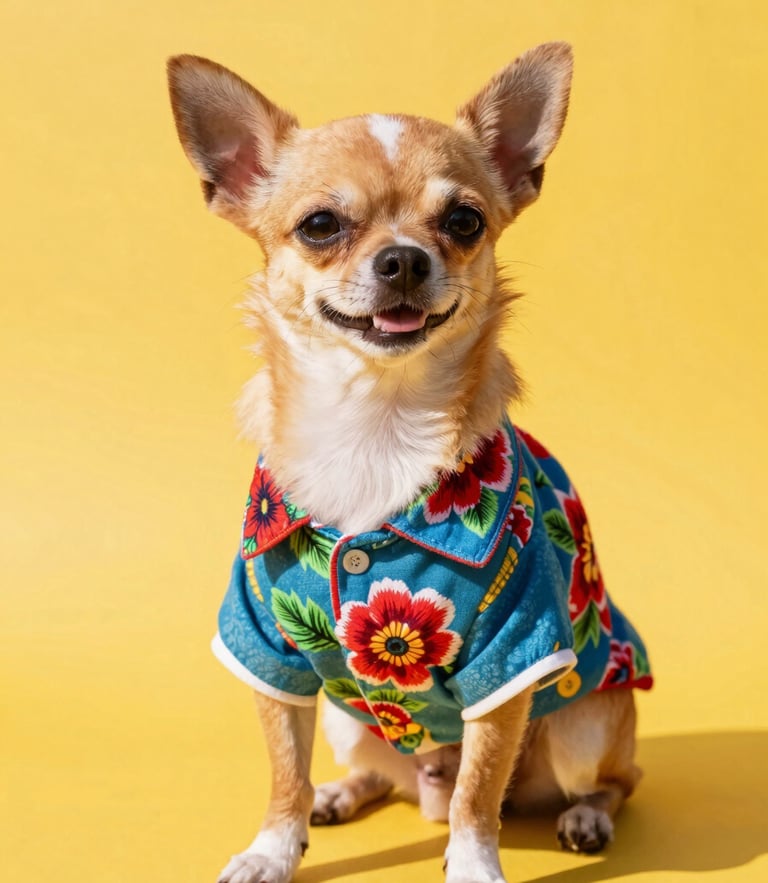 A happy small Chihuahua wearing a colorful handmade Mexican floral shirt, sitting proudly on a bright yellow background, warm natural daylight, sharp detail.