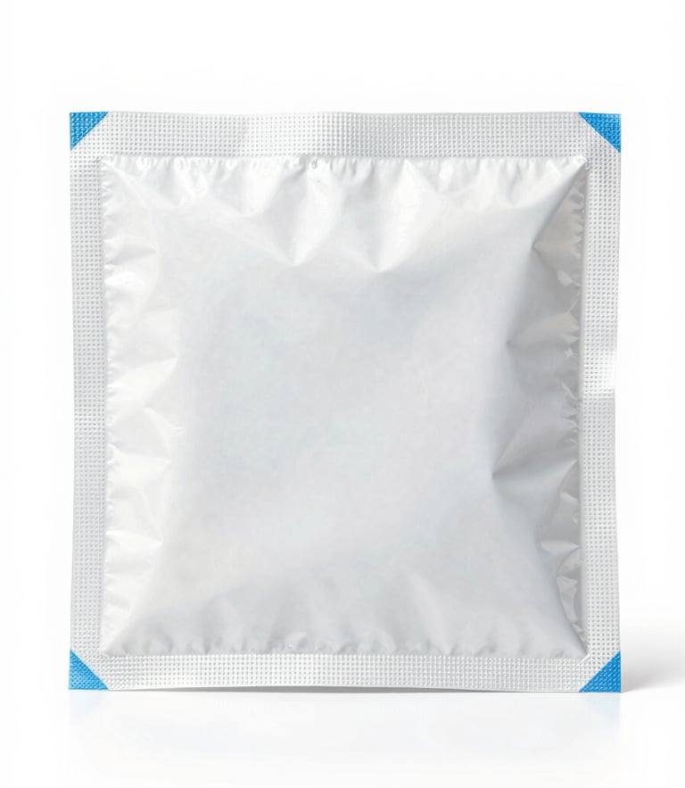 Pristine unopened medical packaging of aesthetic supplies on a sterile white background, high-key clinical studio lighting, sharp focus
