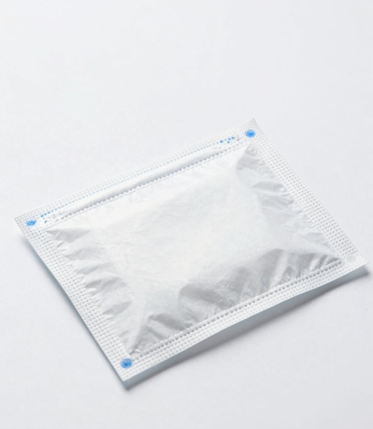 Clean clinical photography of pristine, unopened medical packaging on a sterile white surface under bright high-key studio lighting, sharp focus.