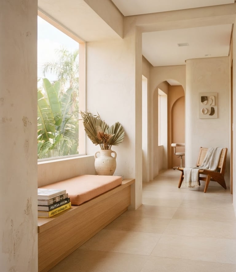 A warm, natural light photograph of a sophisticated, minimalist clinic interior in Brazil, soft ivory and peach tones, architectural lines, 35mm.
