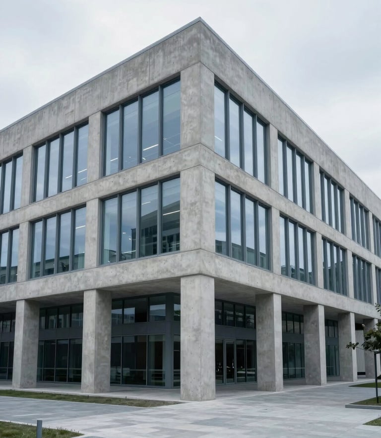 Wide environmental shot of a modern concrete corporate office with clean lines, soft overcast daylight, cool blue and gray tones, 35mm