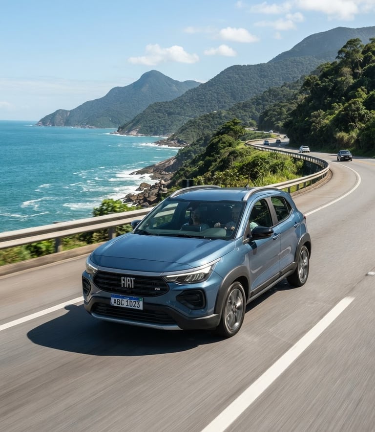 Modern editorial photography of a clean Brazilian SUV driving on a safe coastal highway during bright daylight, high-trust commercial aesthetic