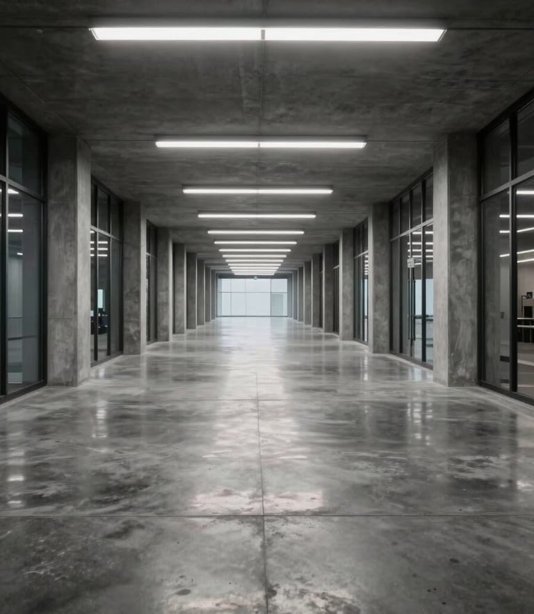 Pristine, empty modern commercial corridor with highly polished concrete floors reflecting cool overhead fluorescent lighting, wide-angle architectural shot.