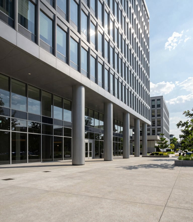 Wide angle daylight shot of a modern multi-tenant commercial office building exterior with a glass facade, clean concrete plaza in the foreground, Washington DC metro area.