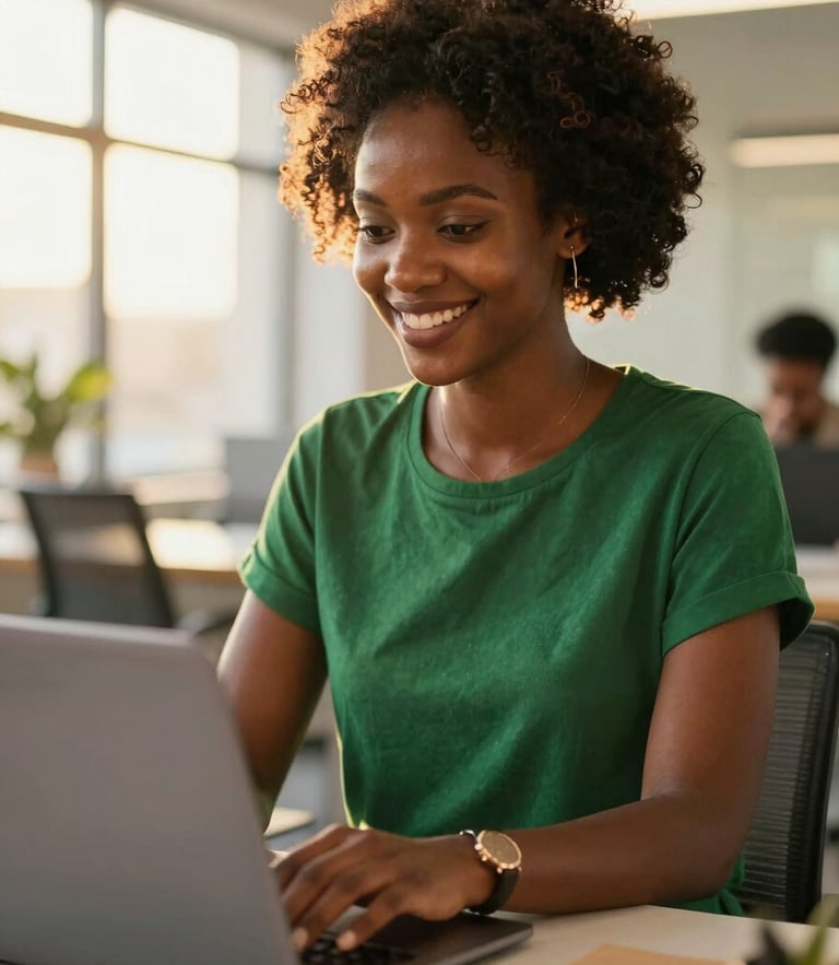 Dignified close-up of a young Nigerian woman smiling warmly while working on a laptop in a bright, modern Lagos workspace, golden hour sunlight streaming in.