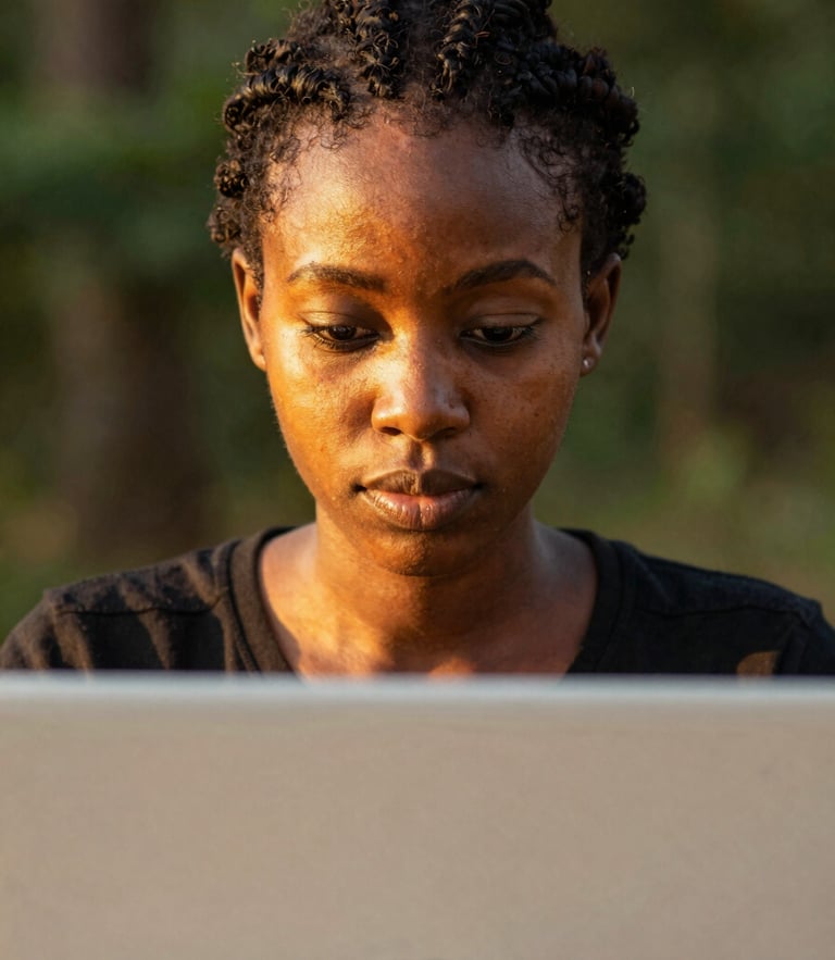 A close-up shot of a young Nigerian woman focusing on a laptop screen, warm golden hour sunlight illuminating her face, shallow depth of field, professional documentary style.