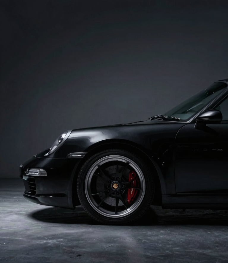 Dramatic low-key automotive photography, moody studio lighting on a polished black Porsche 911 silhouette, deep shadows, high contrast, 50mm