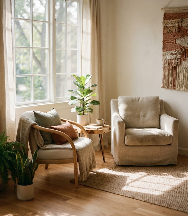 A sun-dappled, empty therapy space with natural wood, linen textures, soft morning window light, shallow depth of field, 35mm