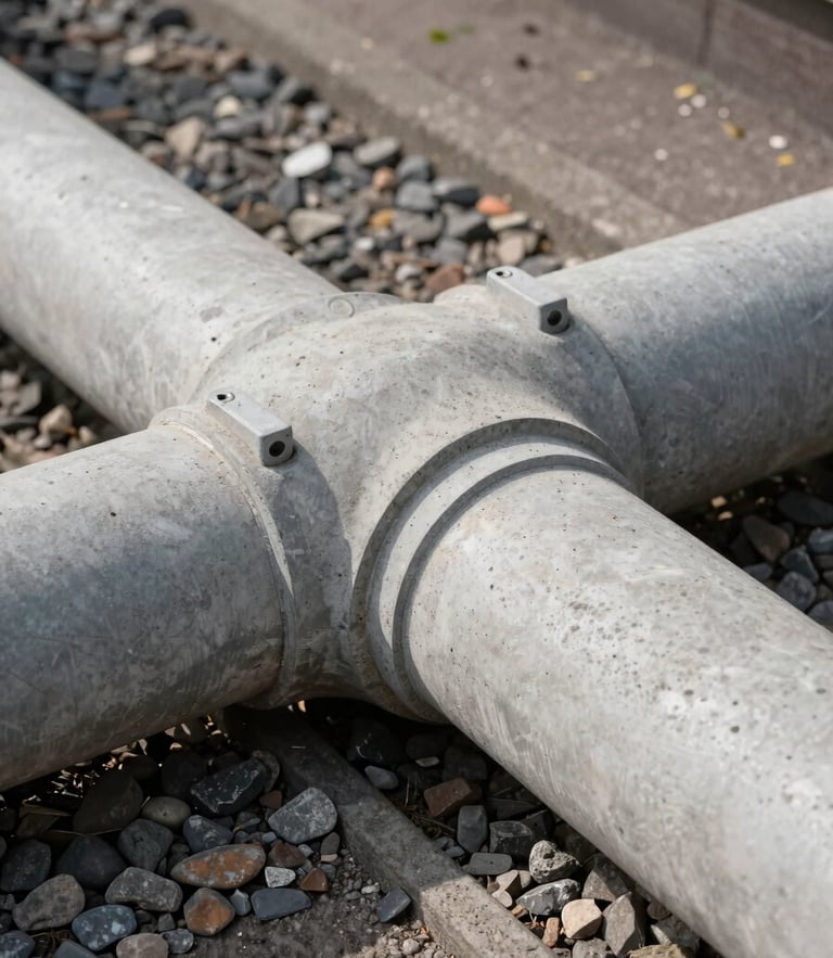 Detailed close-up of a newly installed concrete freedom-flow sewer pipe connection under a Dutch street, showing precise gravel bedding and technical joints