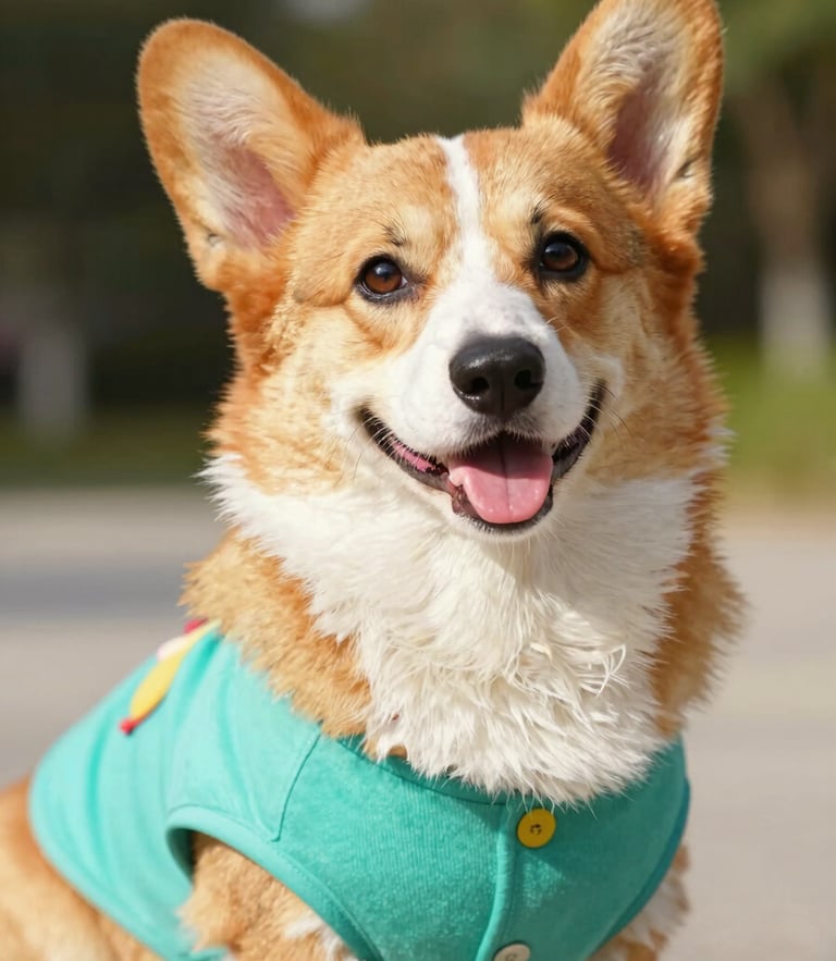 Eye-level medium close-up of a happy Pembroke Welsh Corgi wearing a colorful handmade teal shirt, warm natural daylight, vibrant tones