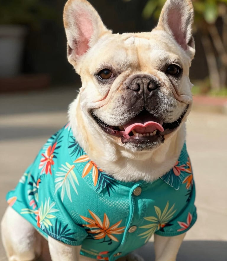 A happy French Bulldog sitting outdoors in warm natural daylight, wearing a vibrant teal tropical print shirt, eye-level medium close-up, 50mm lens