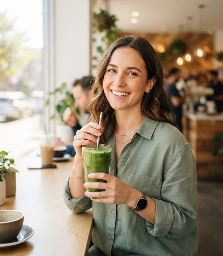 Bright daylight-filled portrait of a smiling active professional holding a green smoothie in a clean modern cafe, soft morning light, shallow depth of field, 35mm