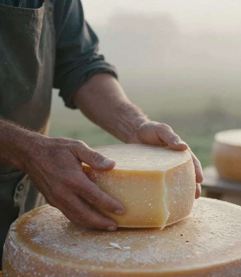 Close-up of hands of an local artisan cheese maker holding a wheel of golden Maroilles cheese, soft morning light, cinematic depth of field, 35mm film style