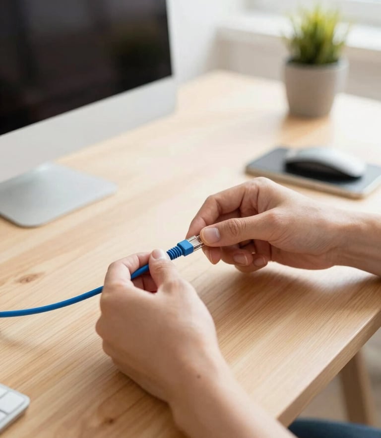 Bright natural daylight home office, a technician's hands neatly routing a blue ethernet cable behind a wooden desk, clean and organized workspace, shallow depth of field.
