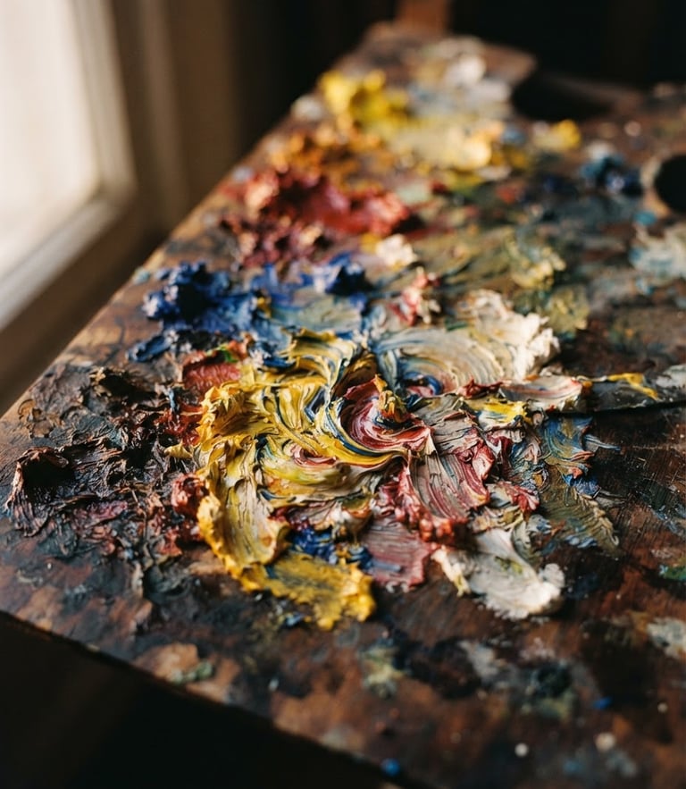 Extreme close-up of thick oil paint textures on a wooden palette, warm side-light, deep shadows, 35mm editorial photography