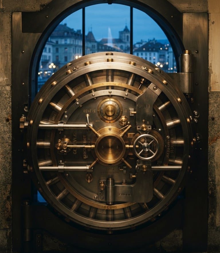 An architectural detail of a private heritage bank vault door in Geneva, soft golden light hitting polished steel and brass, cool blue-hour background, editorial corporate photography, 35mm