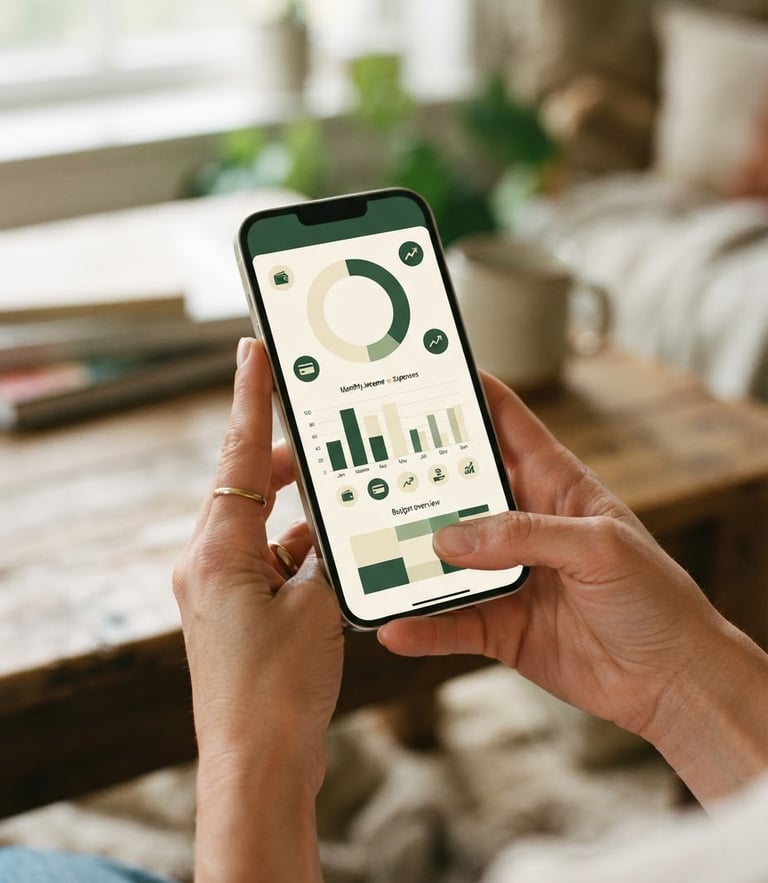 Close-up of hands holding a smartphone displaying a clean personal finance dashboard with warm cream and forest green interface, soft natural daylight, shallow depth of field