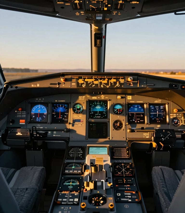 Dramatic golden-hour view of a commercial cockpit instrument panel, warm gold light casting high-contrast shadows across dials and flight controls, cinematic wide-angle perspective