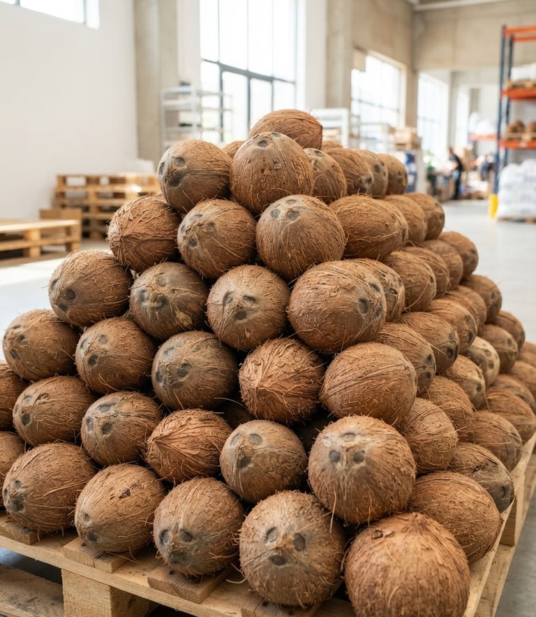 Crisp commercial product photography of whole husked coconuts stacked in a clean, sunlit warehouse, bright natural daylight, sharp focus