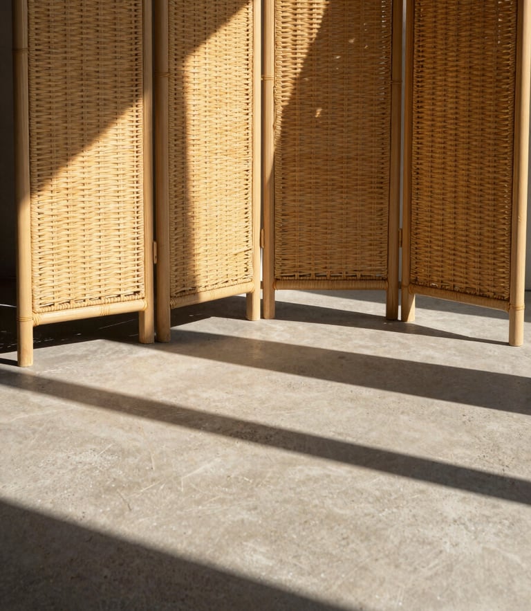 Architectural concrete patio in harsh afternoon sun, a rattan folding screen casting dramatic geometric shadows, warm sandy-beige tones, sharp focus, 35mm lens