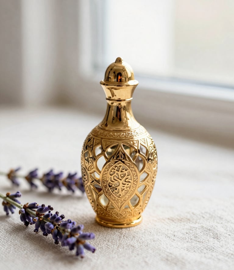 Close-up of an ornate gold Arabic perfume bottle on textured linen, soft morning light, lavender sprig, shallow depth of field